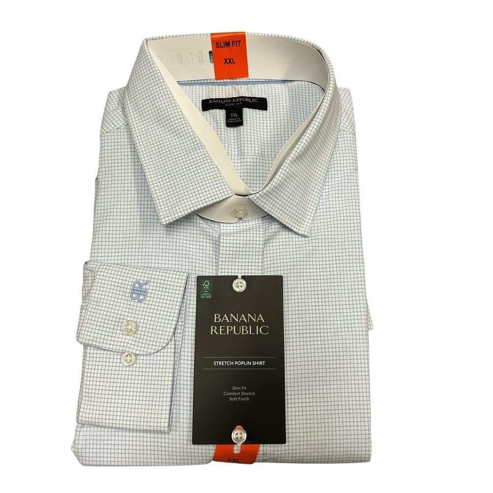 Banana Republic Stretch Poplin Shirt Men's XXL Blue Plaid Slim Fit New with Tags